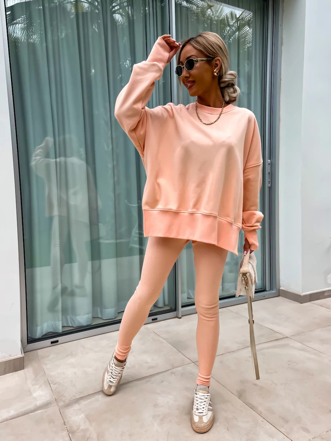 New Spring Sweater Suit Women European and American Casual Loose Long Sleeve Round Neck Split Top Tight Trousers