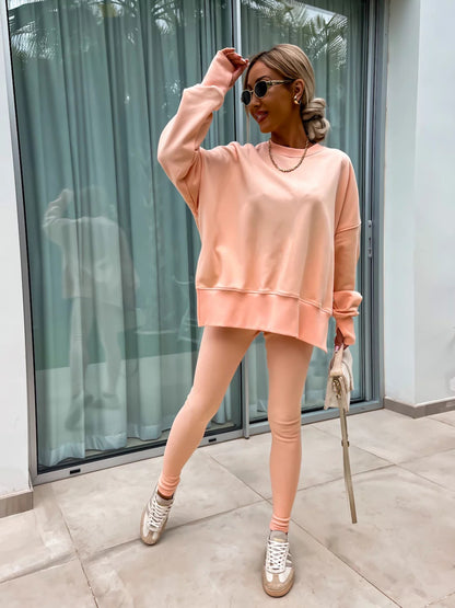 New Spring Sweater Suit Women European and American Casual Loose Long Sleeve Round Neck Split Top Tight Trousers