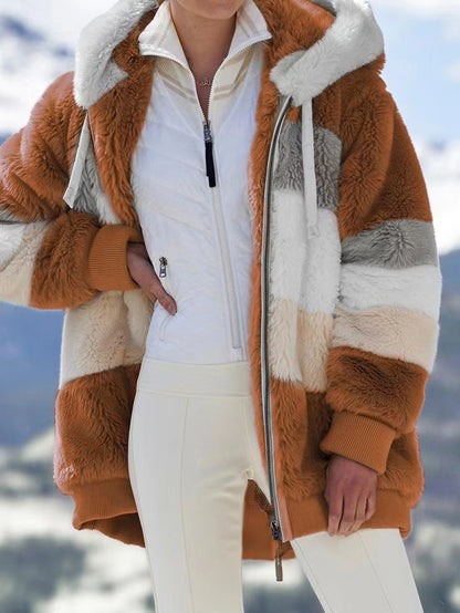Women's autumn and winter loose plush multicolor hooded coat