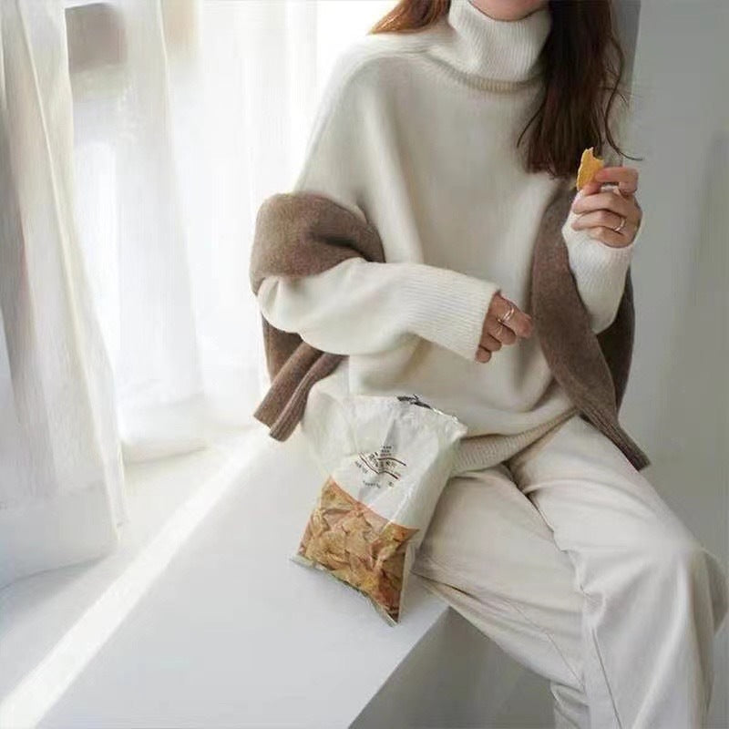 Autumn and winter thickened turtleneck women's loose versatile knitted pullover sweater lazy style bottoming shirt for women to wear outside