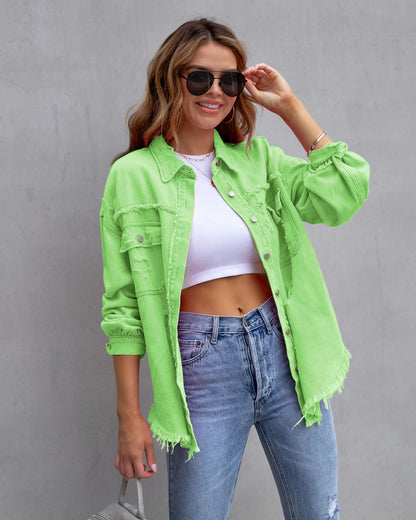 Women's ripped edge denim jacket autumn and winter long sleeve casual lapel top
