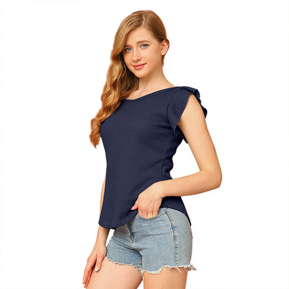 Fashionable summer women's clothing solid color round neck ruffles sweet and fresh girlish style short sleeves