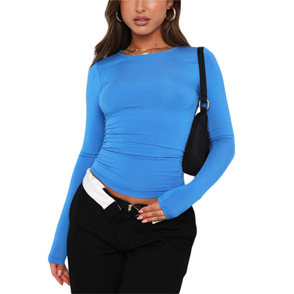 European and American clothing casual long-sleeved T-shirt spring and autumn solid color slim pullover T-shirt women's street wear bottoming shirt top