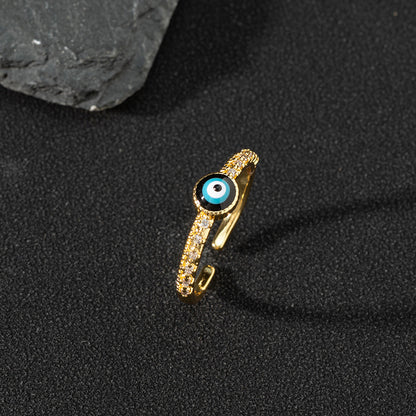 Copper zircon enamel oil drop ring for women evil eye retro pinky ring open ring