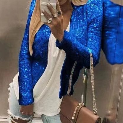 Spring new European and American women's fashion stand collar color matching sequined jacket short style casual