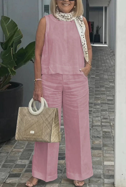 Cotton and linen suit European and American sleeveless top wide-leg trousers two-piece suit