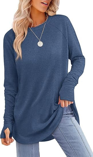 European and American women's round neck solid color long sleeve top
