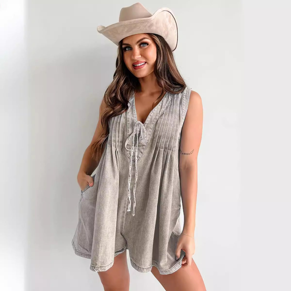 Street Fashion Sleeveless Short Sleeve Shorts Denim Bodysuit