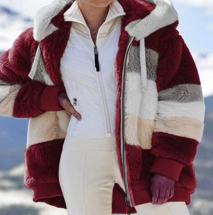 Women's autumn and winter loose plush multicolor hooded coat