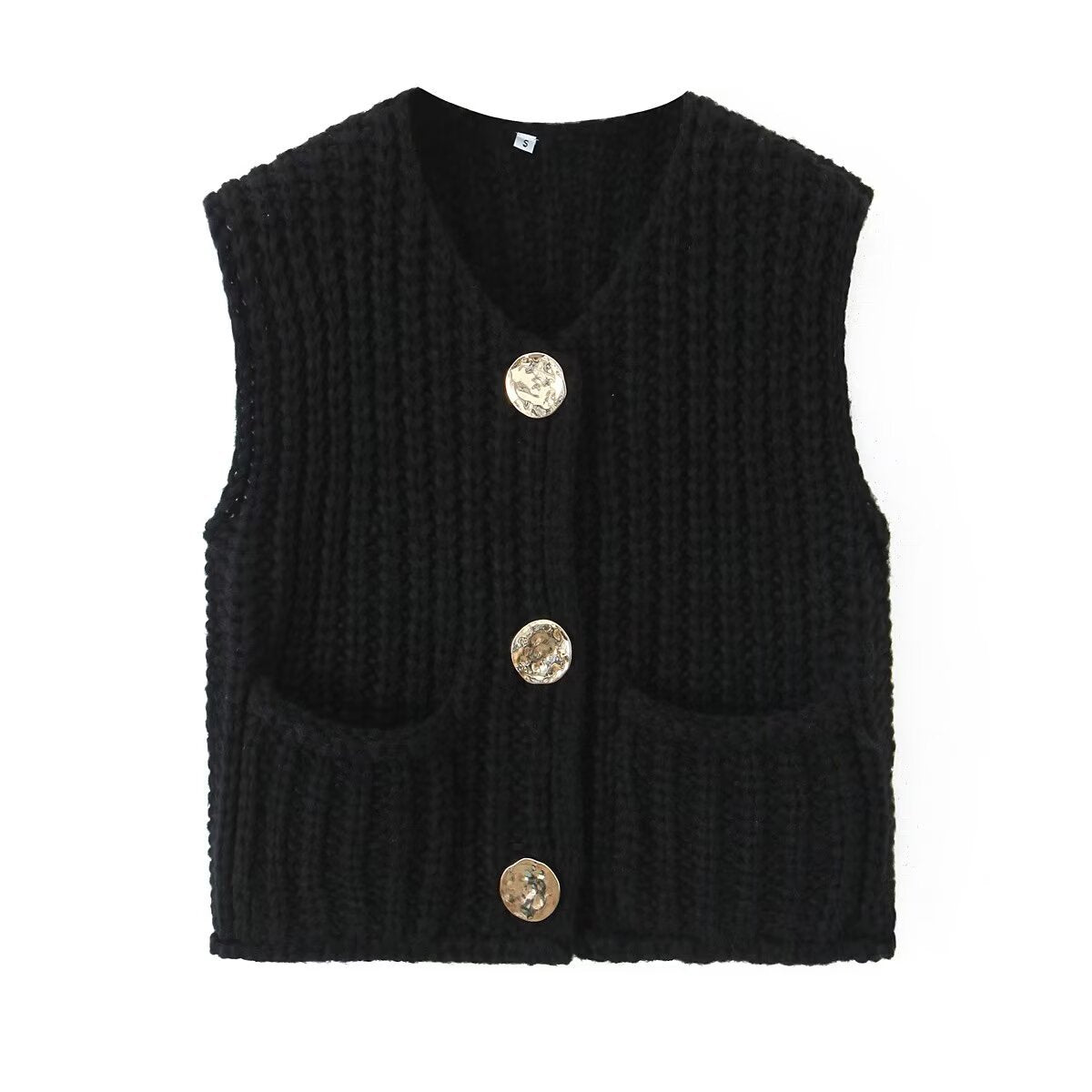 Spring and Autumn New Women's European and American Style Pocket Sleeveless Short Knitted Cardigan