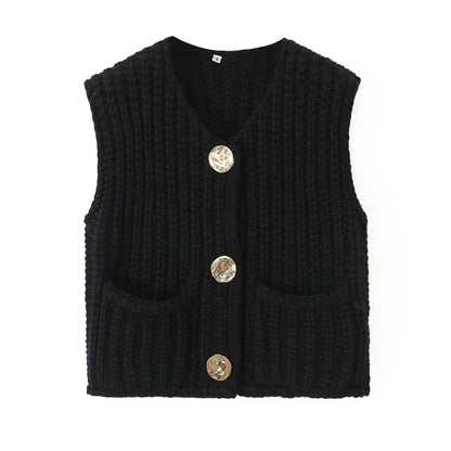 Spring and Autumn New Women's European and American Style Pocket Sleeveless Short Knitted Cardigan