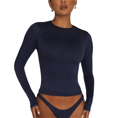 European and American clothing casual long-sleeved T-shirt spring and autumn solid color slim pullover T-shirt women's street wear bottoming shirt top