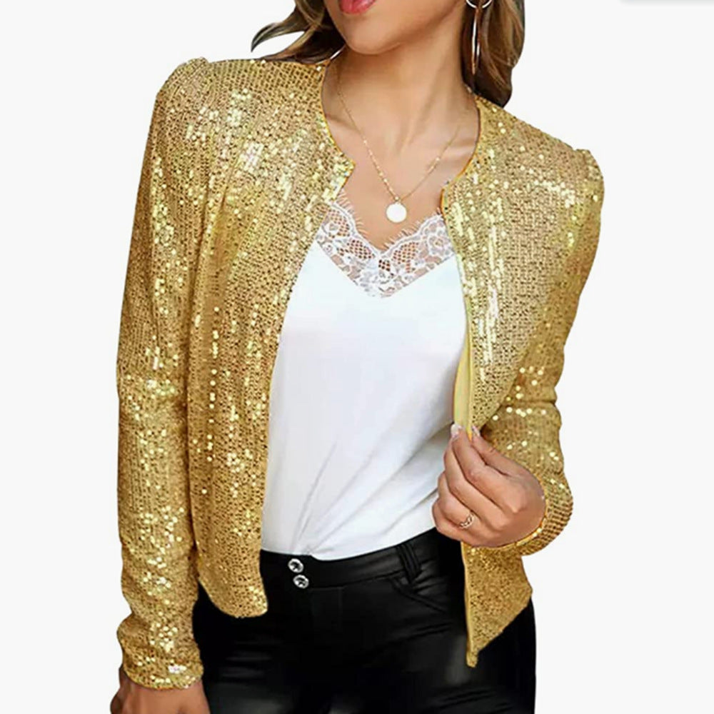Spring new European and American women's fashion stand collar color matching sequined jacket short style casual