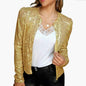 Spring new European and American women's fashion stand collar color matching sequined jacket short style casual