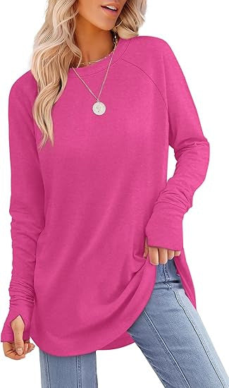 European and American women's round neck solid color long sleeve top