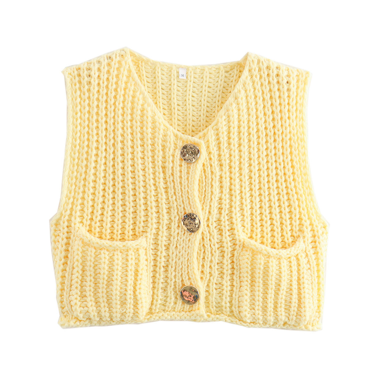 Spring and Autumn New Women's European and American Style Pocket Sleeveless Short Knitted Cardigan