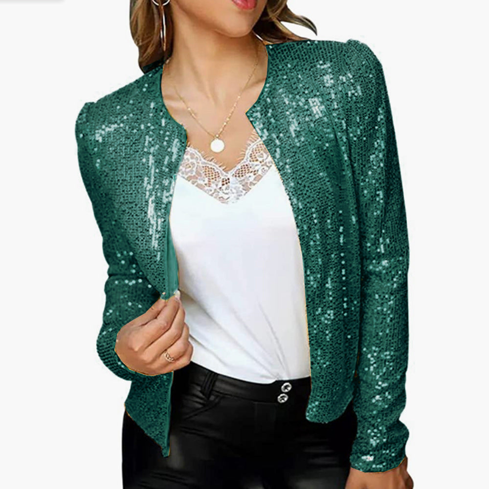 Spring new European and American women's fashion stand collar color matching sequined jacket short style casual