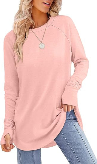 European and American women's round neck solid color long sleeve top