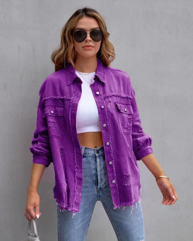 Women's ripped edge denim jacket autumn and winter long sleeve casual lapel top