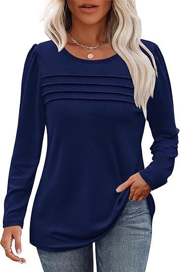 Autumn and winter round neck long sleeve chest tuck line pleated top