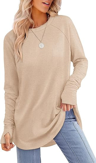 European and American women's round neck solid color long sleeve top
