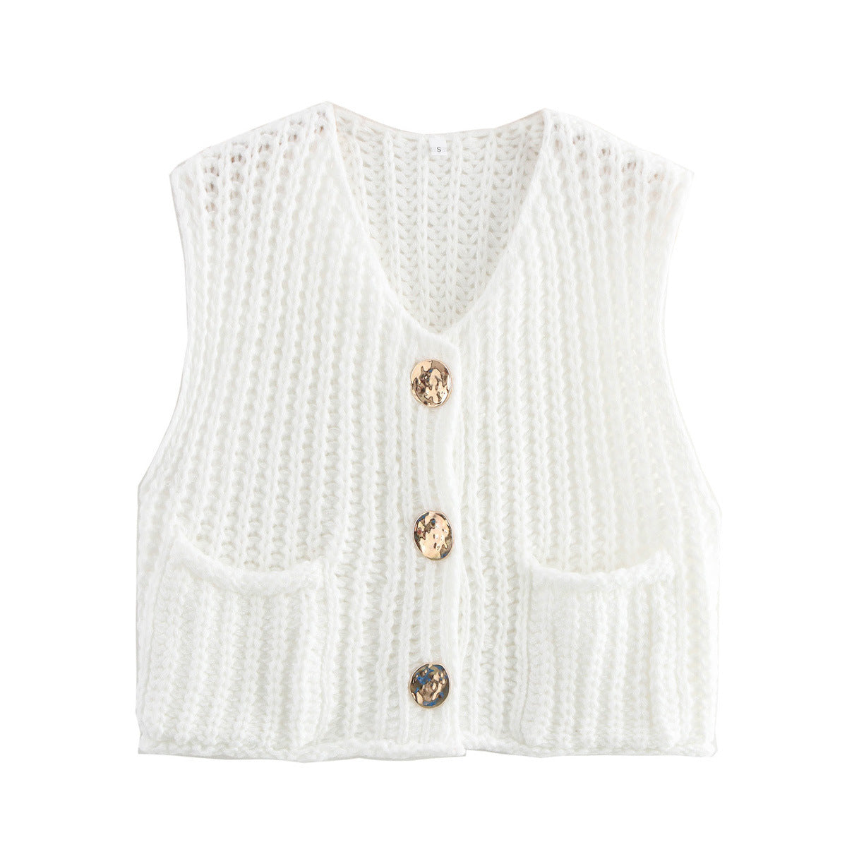Spring and Autumn New Women's European and American Style Pocket Sleeveless Short Knitted Cardigan
