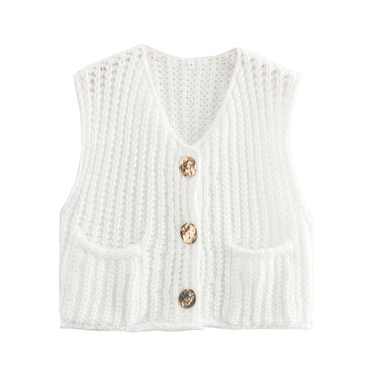 Spring and Autumn New Women's European and American Style Pocket Sleeveless Short Knitted Cardigan