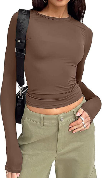 European and American clothing casual long-sleeved T-shirt spring and autumn solid color slim pullover T-shirt women's street wear bottoming shirt top
