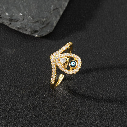 Copper zircon enamel oil drop ring for women evil eye retro pinky ring open ring