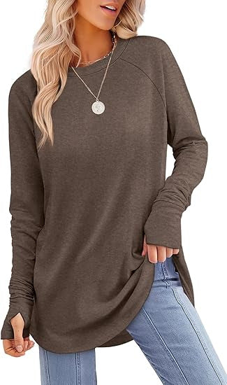 European and American women's round neck solid color long sleeve top