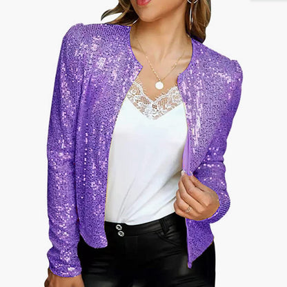 Spring new European and American women's fashion stand collar color matching sequined jacket short style casual