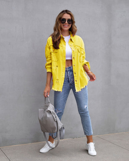 Women's ripped edge denim jacket autumn and winter long sleeve casual lapel top