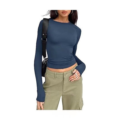 European and American clothing casual long-sleeved T-shirt spring and autumn solid color slim pullover T-shirt women's street wear bottoming shirt top