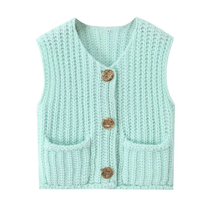 Spring and Autumn New Women's European and American Style Pocket Sleeveless Short Knitted Cardigan