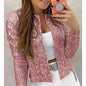 Spring new European and American women's fashion stand collar color matching sequined jacket short style casual