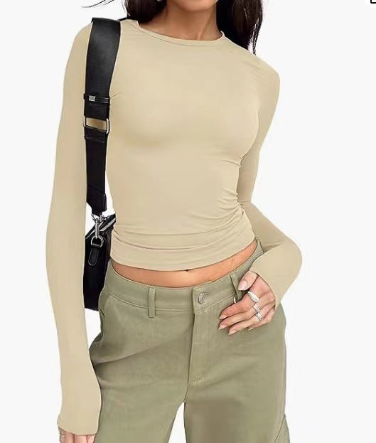 European and American clothing casual long-sleeved T-shirt spring and autumn solid color slim pullover T-shirt women's street wear bottoming shirt top