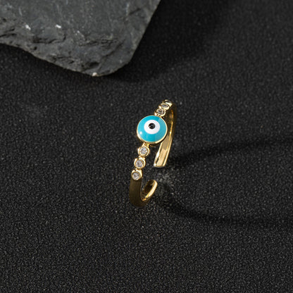 Copper zircon enamel oil drop ring for women evil eye retro pinky ring open ring