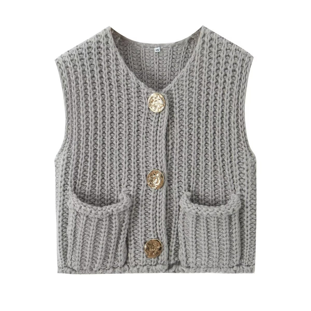 Spring and Autumn New Women's European and American Style Pocket Sleeveless Short Knitted Cardigan