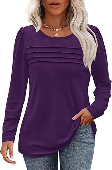 Autumn and winter round neck long sleeve chest tuck line pleated top