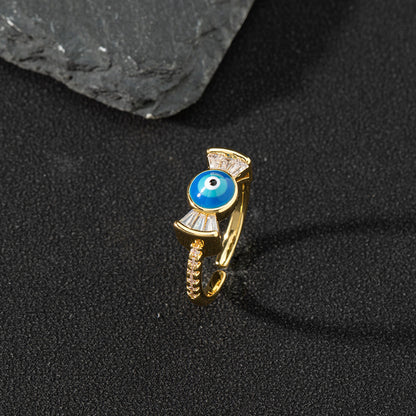 Copper zircon enamel oil drop ring for women evil eye retro pinky ring open ring