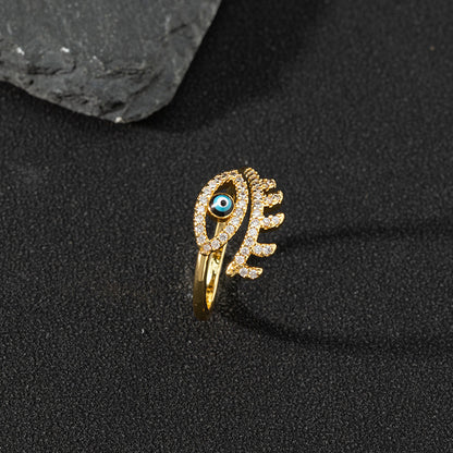 Copper zircon enamel oil drop ring for women evil eye retro pinky ring open ring