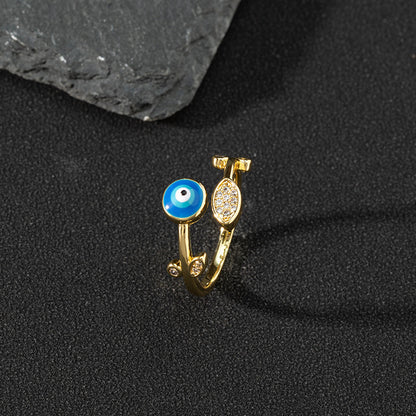 Copper zircon enamel oil drop ring for women evil eye retro pinky ring open ring