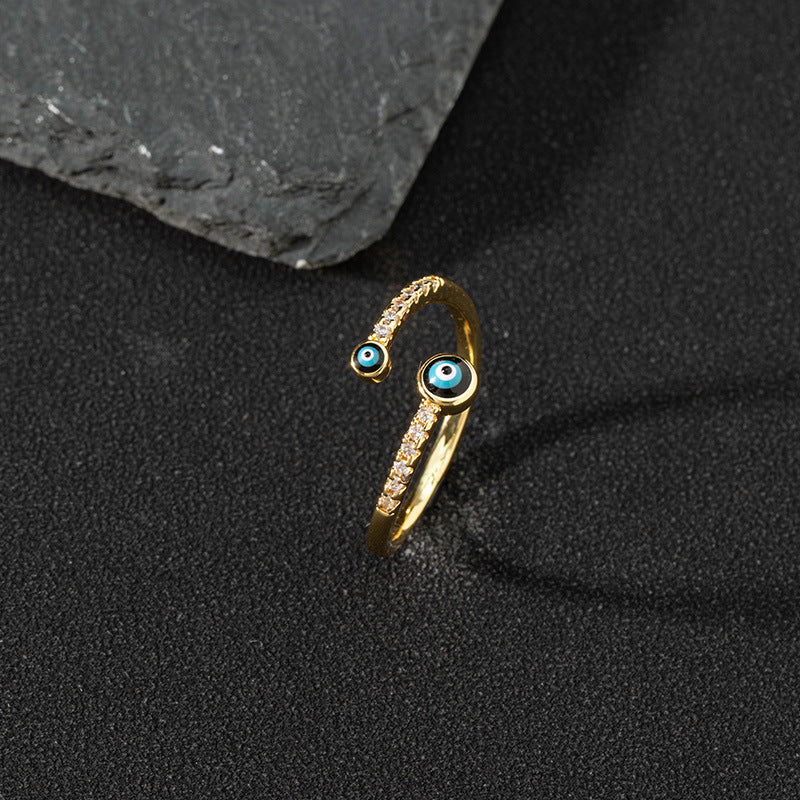 Copper zircon enamel oil drop ring for women evil eye retro pinky ring open ring