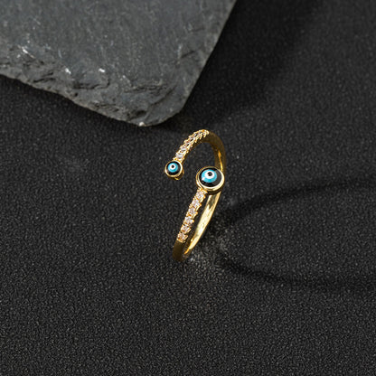 Copper zircon enamel oil drop ring for women evil eye retro pinky ring open ring