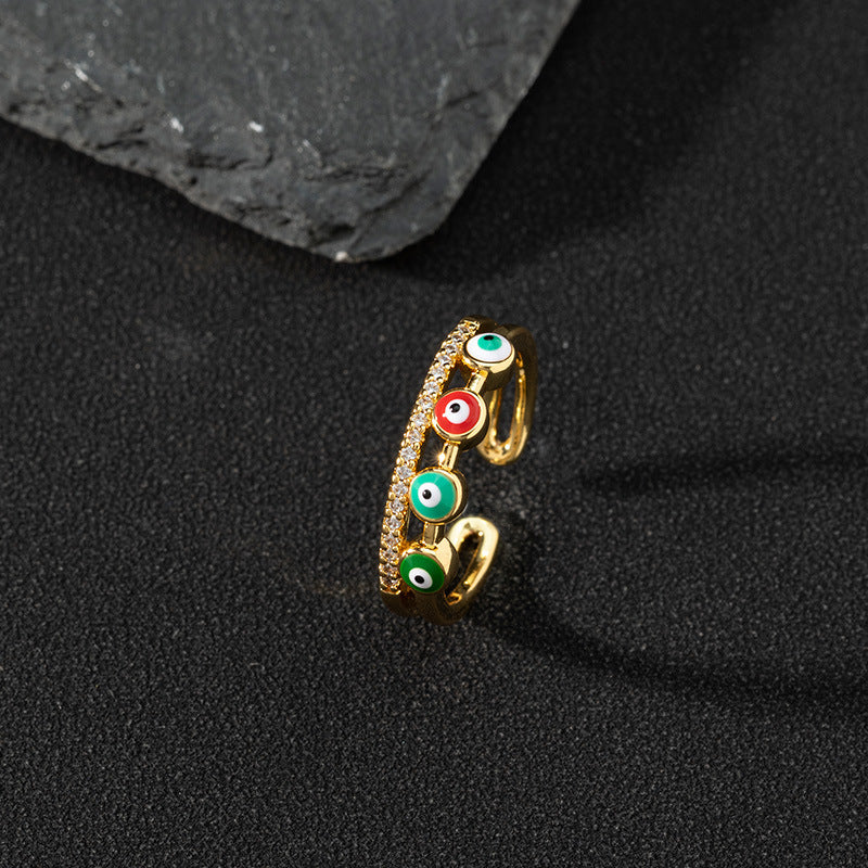 Copper zircon enamel oil drop ring for women evil eye retro pinky ring open ring
