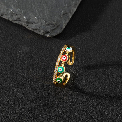 Copper zircon enamel oil drop ring for women evil eye retro pinky ring open ring