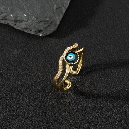 Copper zircon enamel oil drop ring for women evil eye retro pinky ring open ring