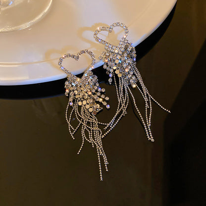 European and American popular diamond-encrusted metal long tassel earrings for women, high-end earrings with niche temperament