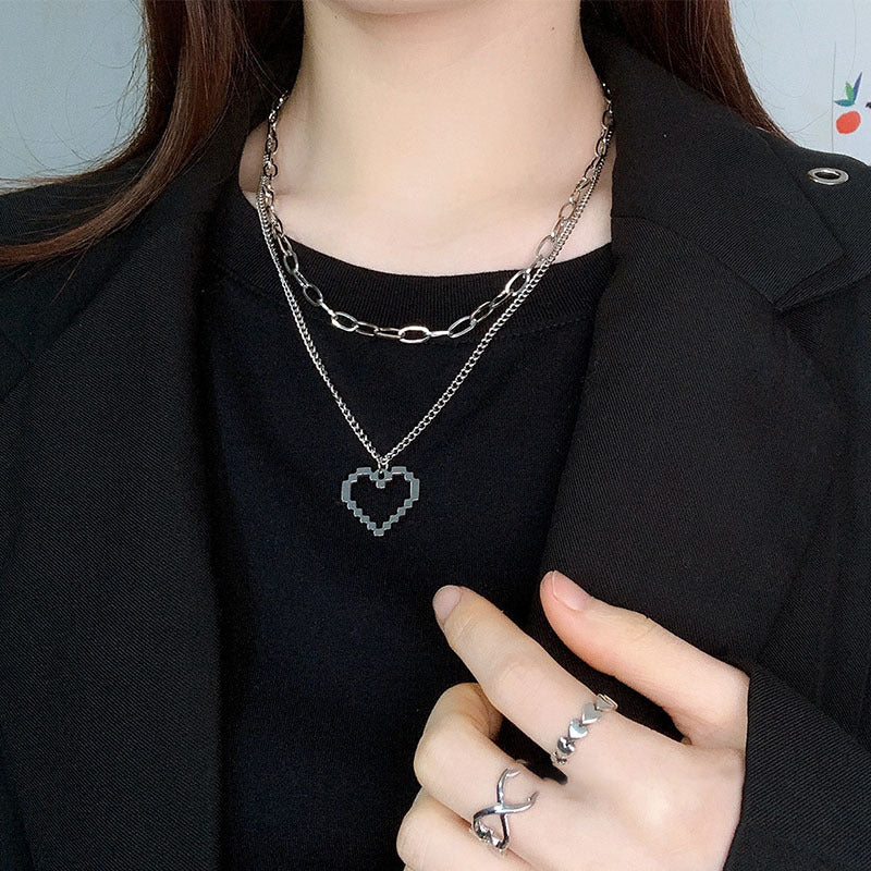 European and American style fashion double-layered love necklace for women splicing cold style women's hip-hop long sweater sweater chain ins trend