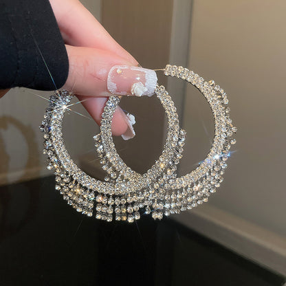 European and American popular diamond-encrusted metal long tassel earrings for women, high-end earrings with niche temperament